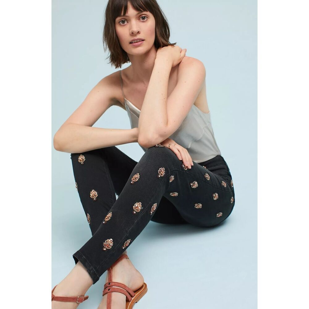 Anthropology Pilcro Script High Rise Embellished Skinny Jeans Black Boho Beaded - Picture 6 of 16